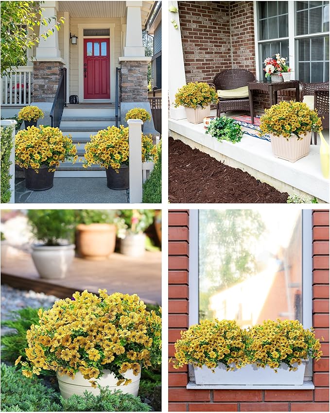 Artificial Flowers for Outdoor Decor, 16 Pack UV-Resistant Fake Yellow Silk Daisy Flowers, Perfect for Spring & Summer Decorating – Front Porch, Patio, Window Boxes, and Potted Plants