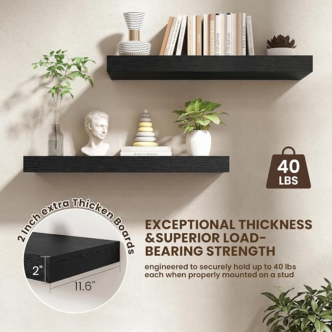 FLYJOE 32 Inch Floating Shelves, 12 Inch Deep Floating Shelves Set of 2, 32''W x 12''D Black Wood Shelves for Wall, Bathroom Available, Engineered Wood, Mounting Hardware Included