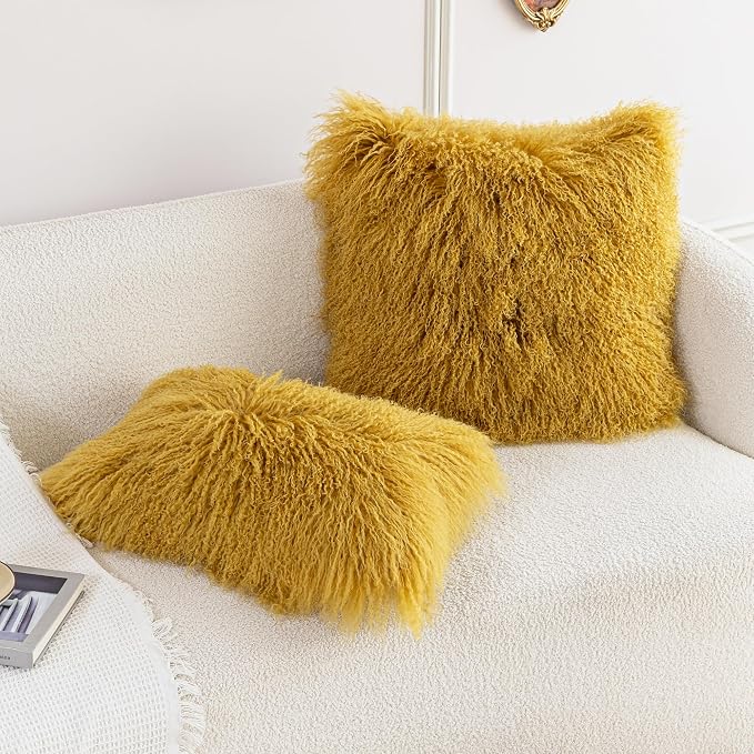 MOOX Mongolian Lamb Fur Pillow Covers Lumbar Throw Sheepskin Pillow Case Genuine Wool Fur Tibetan Accent Living Room Bedroom Decorative Cushion Cover (20x20inch, Gold)