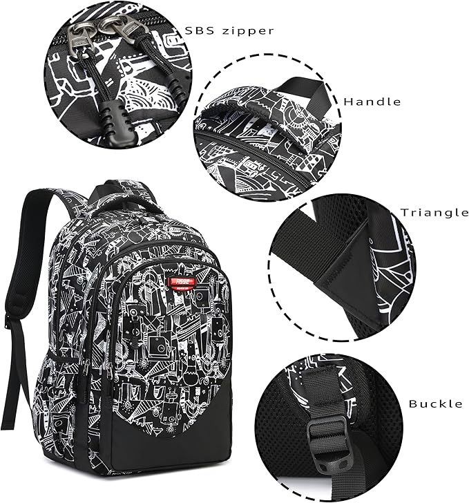 Asge Large Nylon Backpacks for Boys & Girls, Waterproof Satchel with Print, School Bags for 8-16 Years