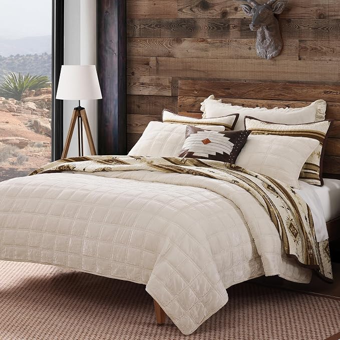 HiEnd Accent Stella Faux Silk Velvet Double Box Stitch 3 Piece Quilt Set, Full Queen Size, Stone Solid Color, Classic Chic Modern Rustic Elegant Bedding Set, Lightweight Bed Set