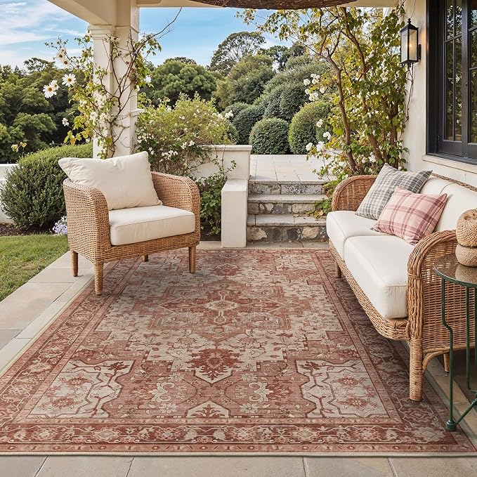 GENIMO Outdoor & Indoor Area Rug 4'x6', Waterproof, Non-Shedding, Easy Cleaning, Boho Mat for Patio, Living Room, Balcony, Dining Room, RV, Deck, Bedroom, Camping, Outside Carpet,Brown Red