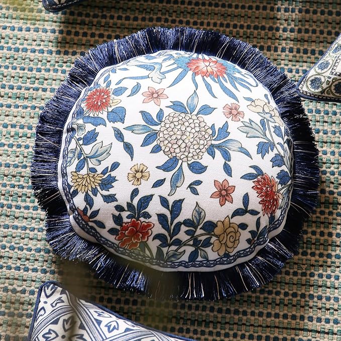 patdrea Vintage Linen Throw Pillow Cover,Diameter 16",Set of 2-Ivar A | French Decorative Pillow Case,Chinoiserie Blue Floral Print Pillow Cover for Couch Living Room Bedroom,Fringe Trim