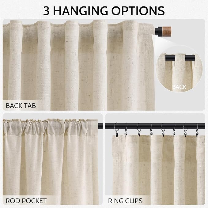 Linen Curtains for Living Room 120 Inches Long Modern Farmhouse Decor Light Filtering Semi Sheer Curtain Back Tab Luxury Neutral Rustic Floor to Ceiling High Window for Bedroom 52x120, 2 Panels