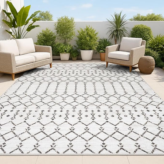 JONATHAN Y Moroccan Geometric Indoor Outdoor Area Rug 6X9 Cream/Black, Ourika Textured Weave for Backyard, Patio, Porch, Easy-Cleaning, High Traffic, Pet-Friendly, Non-Shedding (SMB108I-6)