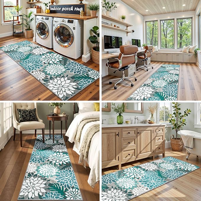 Colorful 2x6 Washable Runner Rug for Hallway Tropical Botanical Modern Floral Chenille Kitchen Rugs Low Pile Non Slip Carpet for Patio, Bedroom, Laundry, Teal