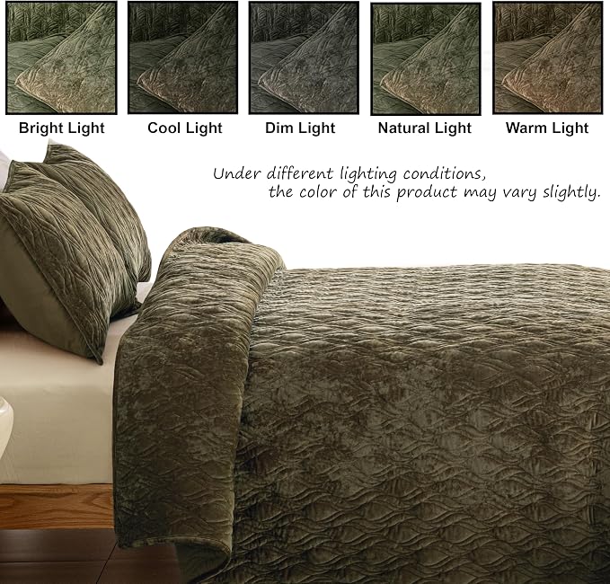 Velvet Quilt Set Oversized King Size 120x120 Bedspread with 2 Pillow Shams Ultra Soft Polyester Bedding All Season Decor for Bedroom Guest Room Hotel Retro Pastoral Home Decor, Army Green
