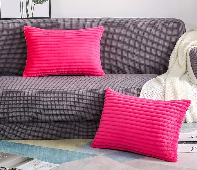 TangDepot Velvet Big Corduroy Pillow Covers 12x24 Hot Pink 2-Pack | Soft wide-stripe corduroy pillow cover, hidden zipper, machine washable, easy refresh, for bedroom living room indoor outdoor