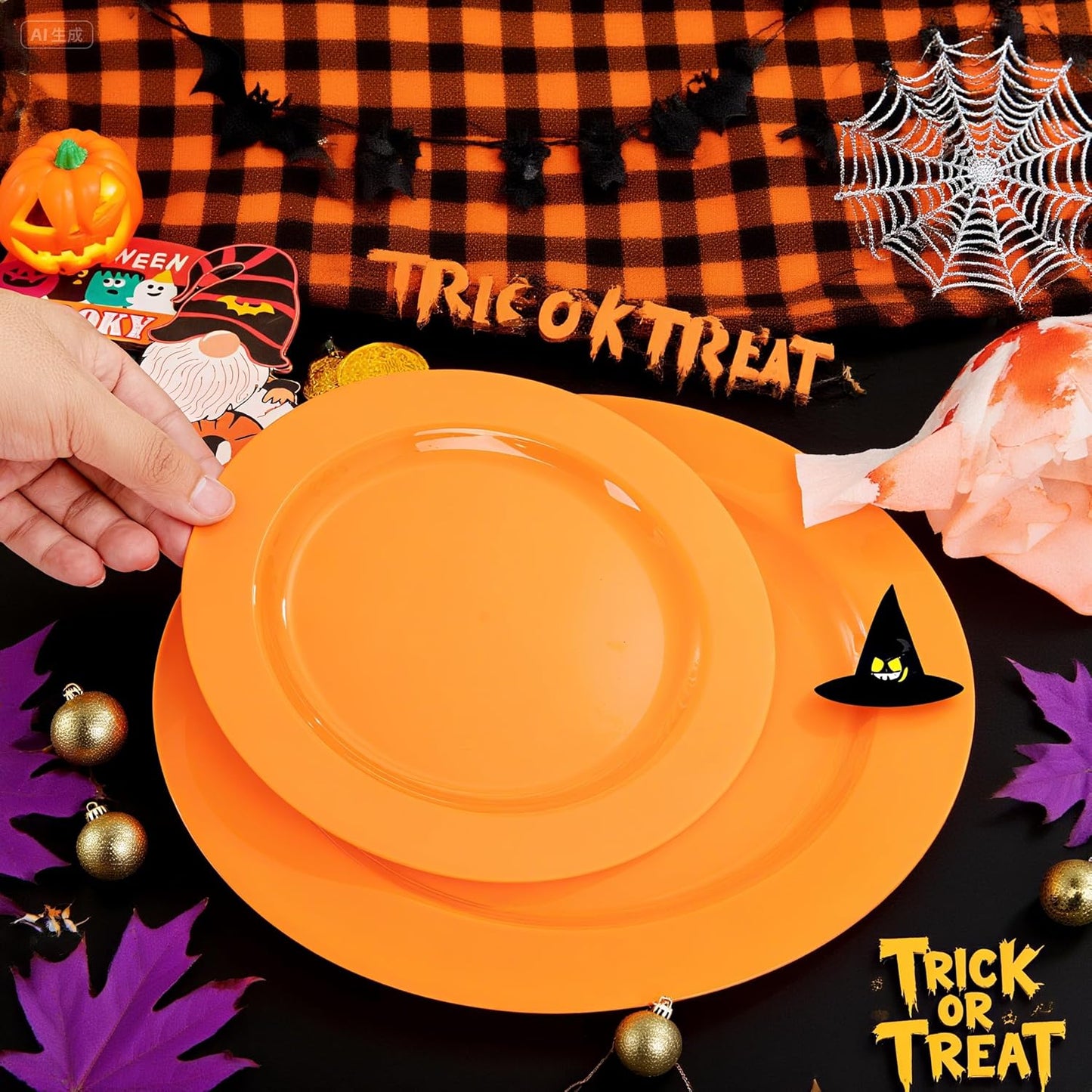 FLOWERCAT 60PCS Orange Plates - Heavy Duty Orange Plastic Plates Disposable for Halloween & Thanksgiving Party - Serve 30 Guests 10.25inch and 7.5inch