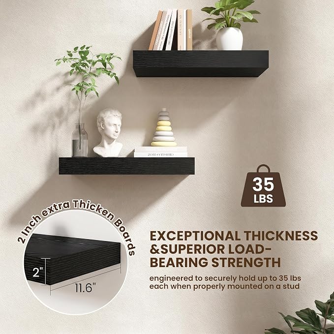 FLYJOE 20 Inch Floating Shelves, 12 Inch Deep Floating Shelves Set of 2, 20''W x 12''D Black Wood Shelves for Wall, Bathroom Available, Engineered Wood, Mounting Hardware Included