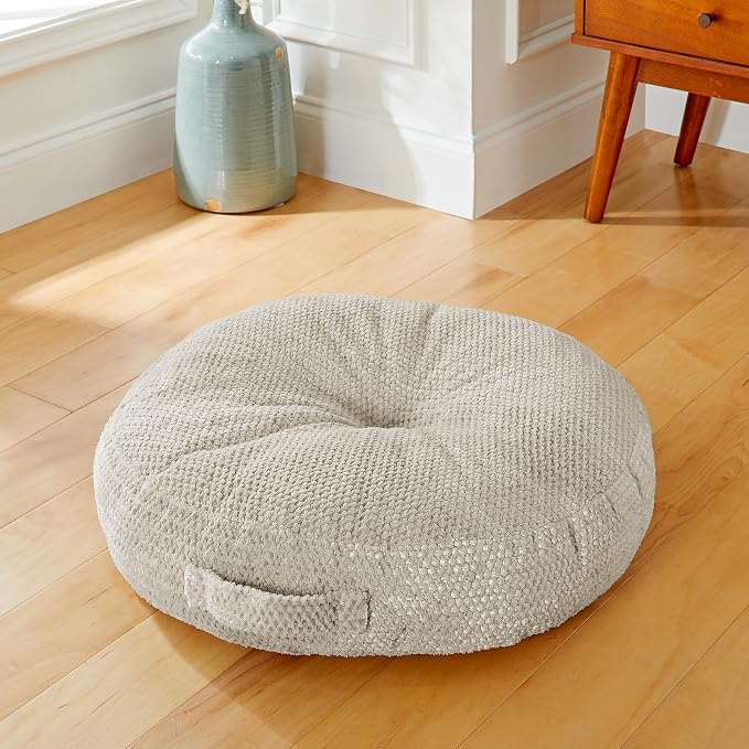 Sorra Home Tufted Floor Pillow with Handle - Round Plush Oversized Pillow for Lounging - Bedroom, Dorm & Indoor Floor Cushion - Sutherland Peyote (24" x 24" x 5")