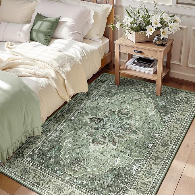 RELEANY Area Rugs 3'x5' Washable Non-Slip, Floral Vintage Distress Print Pattern Medallion Carpet for Living Room Bedroom Dining Room, Dark Green Gray