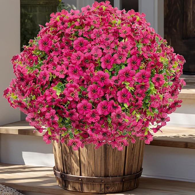 AXYLEX Artificial Flowers for Outdoors Fake Plants - 16 Bundles Faux Outside Greenery Boxwood No Fade Plastic Shrubs Fall Decor Farmhouse Home Garden Thanksgiving Mums (Red)