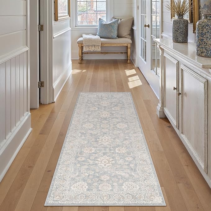 2'6x8 Blue Cream Washable Runner Rug for Kitchen Hallway Neutral Floral Soft Non Slip Rug Low Pile Distressed Carpet for Bathroom Bedroom Indoor Nursery
