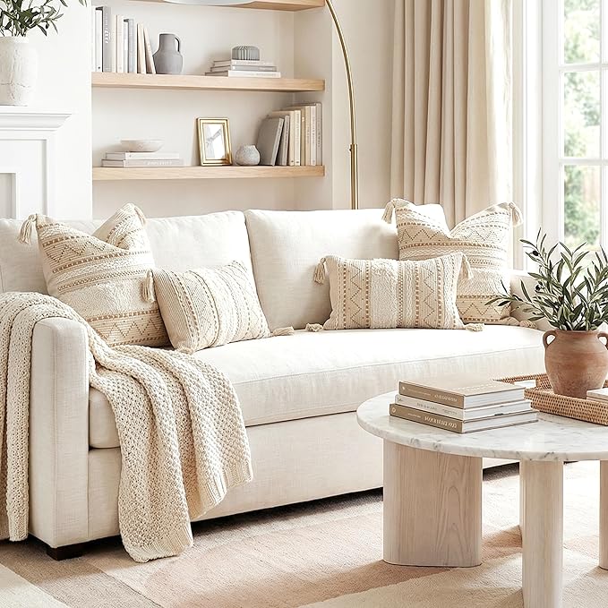 BlissBlush Decorative Throw Pillow Covers 18X18 Combo Set of 2 Square Cream Neutral White Boho Accent Pillowcase Tassels Farmhouse Cushion for Couch Sofa Bedroom Living Room Home Décor Cover ONLY