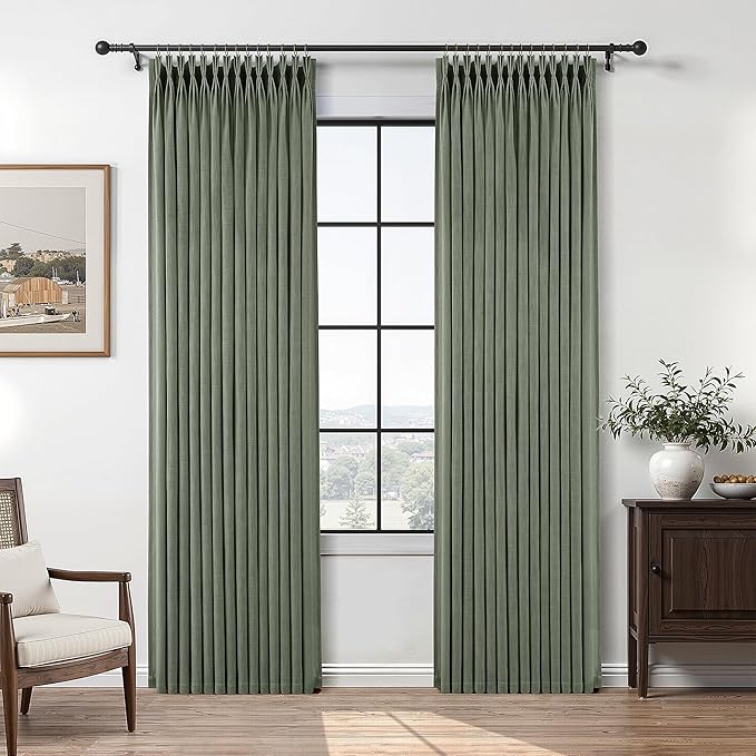 Sage Green Pinch Pleated Linen Curtains 84 Inch Length 2 Panels for Living Room Bedroom Semi Sheer Window Drapes Light Filtering Privacy Boho Farmhouse Pinch Pleat Curtain 84 Inches with Hooks Rings