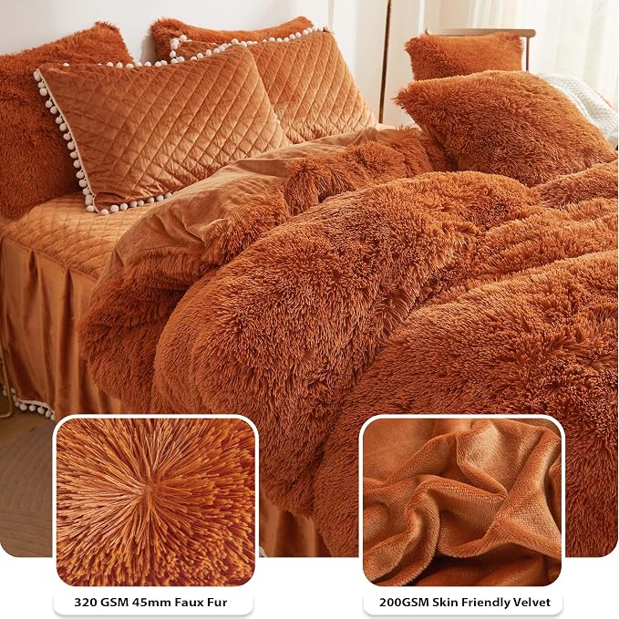LIFEREVO Terracotta Plush Shaggy Duvet Cover Set, Soft Velvet Fluffy Bedding Set Furry Comforter Quilt Cover(1 Faux Fur Duvet Cover + 2 Pompoms Pillow Cases), Zipper Closure(Queen, Burnt Orange)