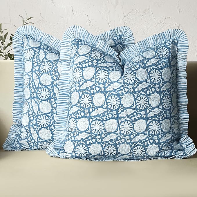 CPC Blue Meadow Hand Block Print 100% Cotton Ruffle Throw Pillow Cover 18x18 inch with Hidden Zipper Decorative for Couch, Bed, Sofa, Farmhouse, Cottagecore Decor Gift Christmas Fall Thanksgiving