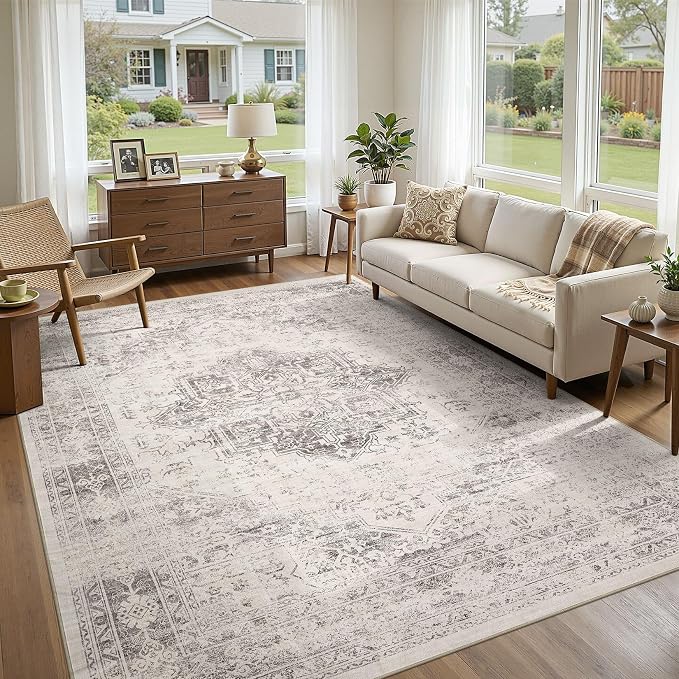 UERMEI 8x10 Area Rug Living Room Rugs - Washable Vintage Soft Large Rug Indoor Floor No Slip Rug Carpet for Bedroom Farmhouse Under Dining Table Home Office Decor - Beige/Camel