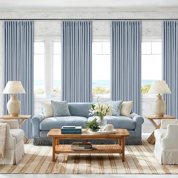 Light Blue Linen Blackout Pleated Curtains 90 Inches Long for Living Room Darkening Pinch Pleat 100% Black Out Drapes Thermal Insulated Soundproof Sky Blue 90 Inch Curtain for Baby Kids Bedroom