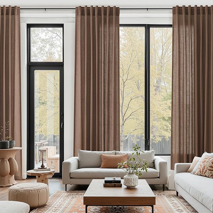 Caramel Brown Linen Curtains for Living Room 94 Inches Long Back Tab and Rod Pocket Light Filtering Semi Sheer Vintage Rustic Curtain Luxury Boho Decor Drapes for Bedroom Office 52x94, 2 Panels
