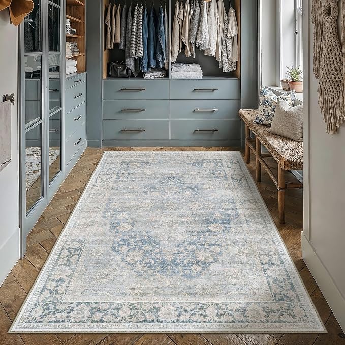 3x5 Washable Neutral Area Rug Blue Vintage Entryway Bathroom Carpet Non-Slip Soft Low Pile Oriental Throw Rug for Entrance Living Room Dining Room