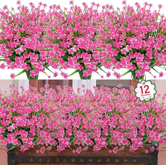 Ouddy Decor 12 Bundles Artificial Flowers for Outdoors UV Resistant Fake Plastic Plants Faux Greenery Stems for Spring Summer Indoor Garden Patio Window Box Kitchen Home Decor, Pink