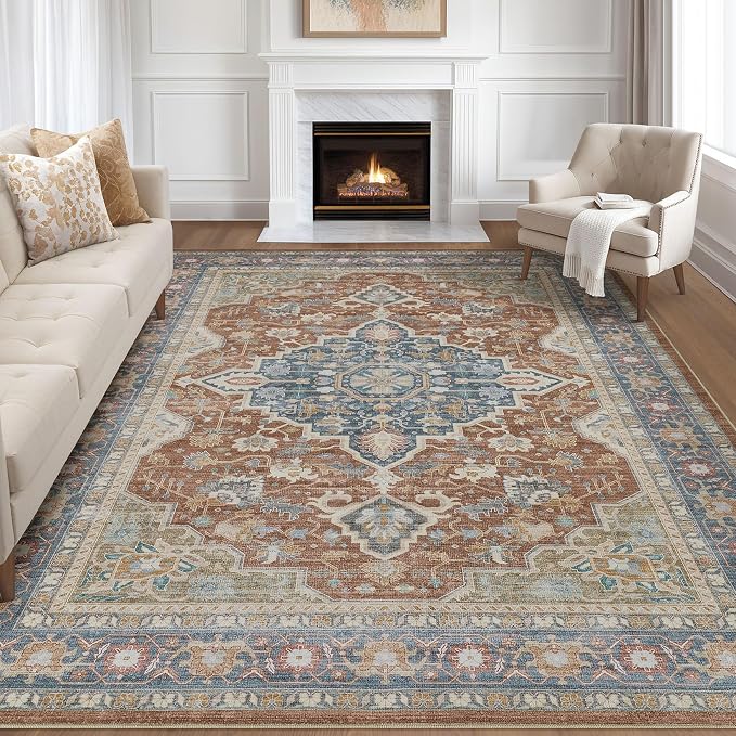 9x12 Area Rug Living Room: Washable Boho Large Neutral Vintage Soft Rug Stain Resistant Farmhouse Non-Slip Indoor Floor Carpet for Bedroom Nursery Kids Playroom Office Dining Room- Red Multi