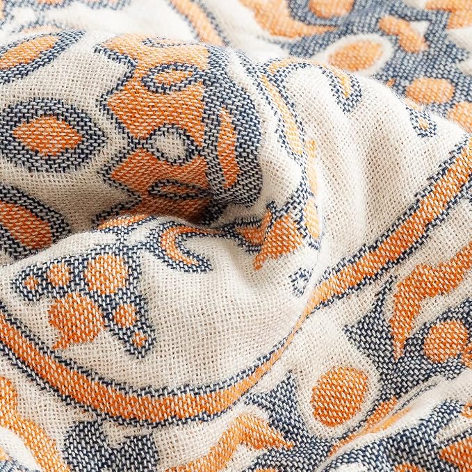 MEJU Round Flower Branch Boho Mandala Muslin All Season Throw Blanket for Bed Sofa Couch, 100% Cotton 4 Layer Soft Warm Farmhouse Retro Throw Blanket Bed Coverlet Full Queen 80 in x 90 in