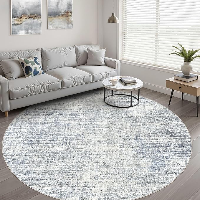 10ft Round Rug Living Room: 10x10 Washable Large Neutral Blue Circle Area Rug Abstract Soft Modern Stain Resistant Indoor Floor Non-Slip Carpet for Bedroom Nursery Kids Office Playroom Dining Room