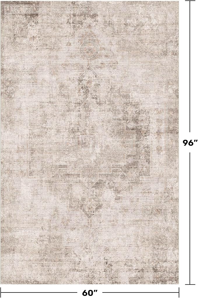 Hazo Haus Beige & Brown 5x8 Area Rugs for Bedroom - Abstract Distressed Farmhouse Rug for Living Room, Home Office, Foyer, Kitchen Table, Foldable Soft Washable Low Pile Non Slip Stain Resistant