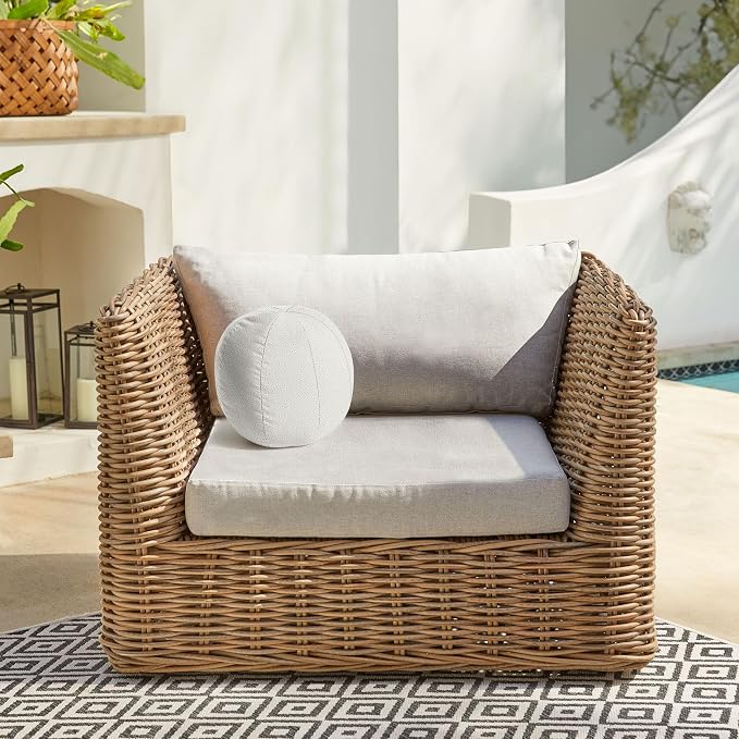 Sorra Home Boucle Outdoor Knife Edge Ball Single Pillow, 10 in W x 10 in H x 10 in D, Ivory