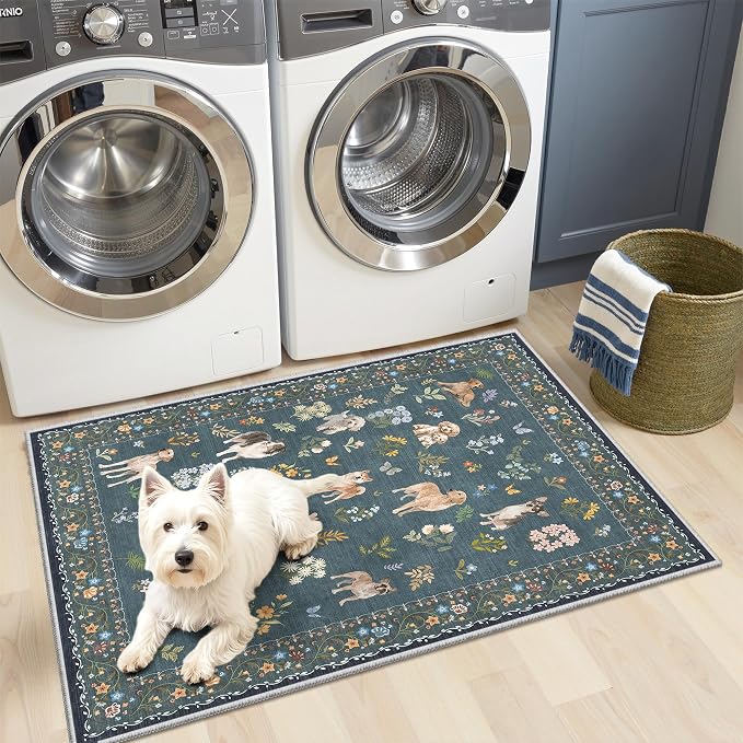 Soalmost 2x3 Dog Rugs for Entryway, Machine Washable Door Mat Animal Floral Small Area Rug Non-Slip Low Pile Soft Throw Rugs for Entrance Kitchen Indoor Front Door Kids Room (2 x 3,Navy Blue)