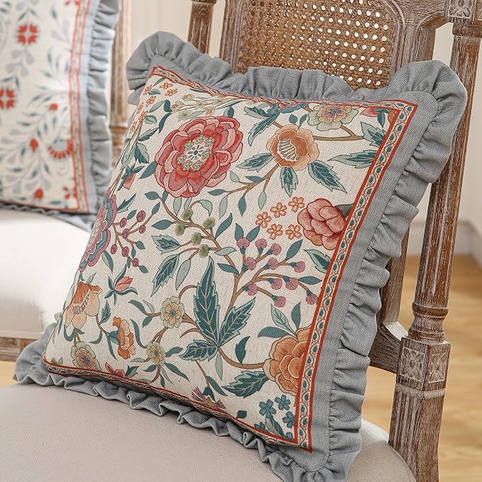 bilin gaier Vintage Linen Throw Pillow Cover,18"x18"-Flowershadow A | Designer Elegant Square Pillow Cover,Concealed Zipper Design,Floral Pattern,Sofas,Bedroom,Living Room,Lounge Chairs