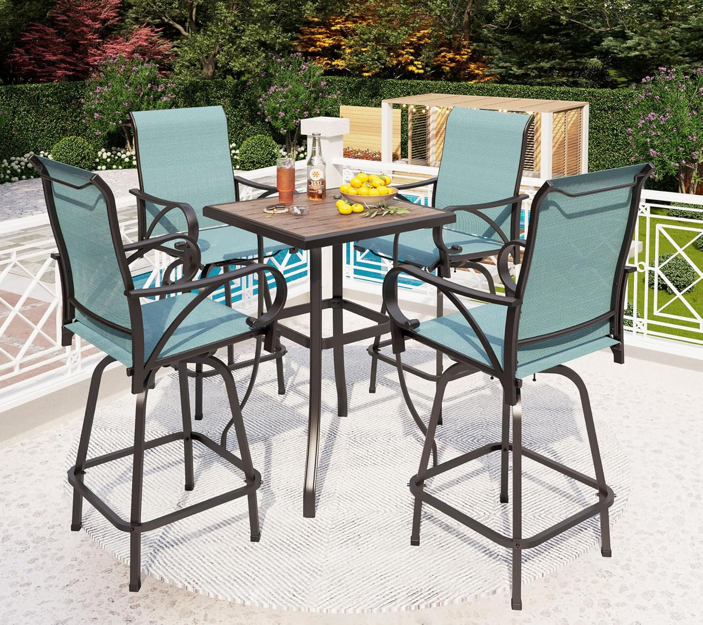 PHI VILLA 5 Piece Outdoor Bar Set, High Top Patio Bistro Bar Table and 4 Outdoor Swivel Bar Stools Chairs with Teal Textilene Fabric for Outside, Balcony, Garden and Yard