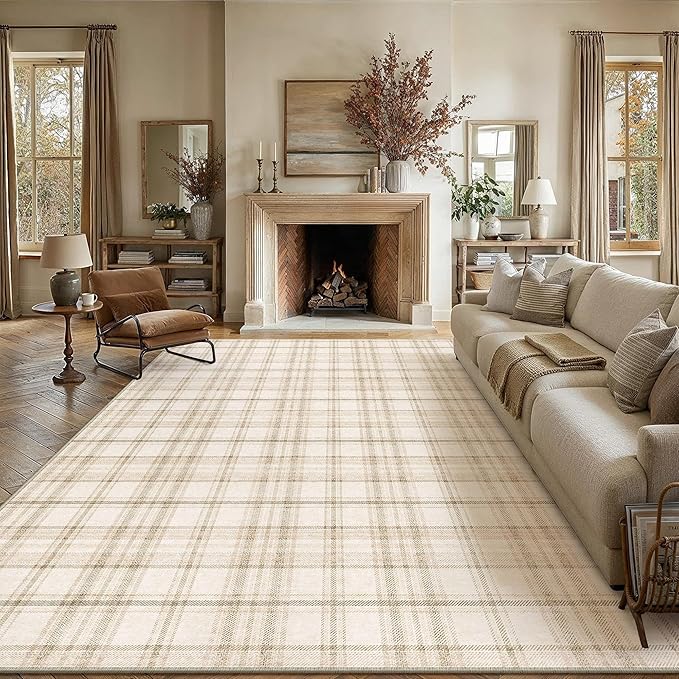 10x14 Beige Area Rug for Living Room Bedroom Soft Low Pile Checkered Large Carpet Modern Accent Non Slip Rug for Dining Room Nursery Office Indoor