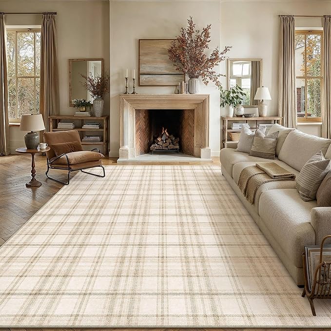 12x15 Beige Area Rug for Living Room Bedroom Soft Low Pile Checkered Large Carpet Modern Accent Non Slip Rug for Dining Room Nursery Office Indoor