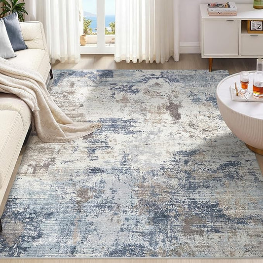 UERMEI 5x7 Area Rug Living Room Rugs - Washable Neutral Modern Abstract Soft Thin Large Rug Indoor Floor No Slip Rug Carpet for Bedroom Under Dining Table Home Office Decor - Denim Blue