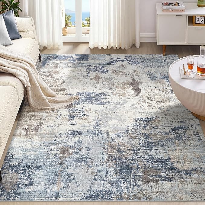 UERMEI 6x9 Area Rug Living Room Rugs - Washable Neutral Modern Abstract Soft Thin Large Rug Indoor Floor No Slip Rug Carpet for Bedroom Under Dining Table Home Office Decor- Denim Blue