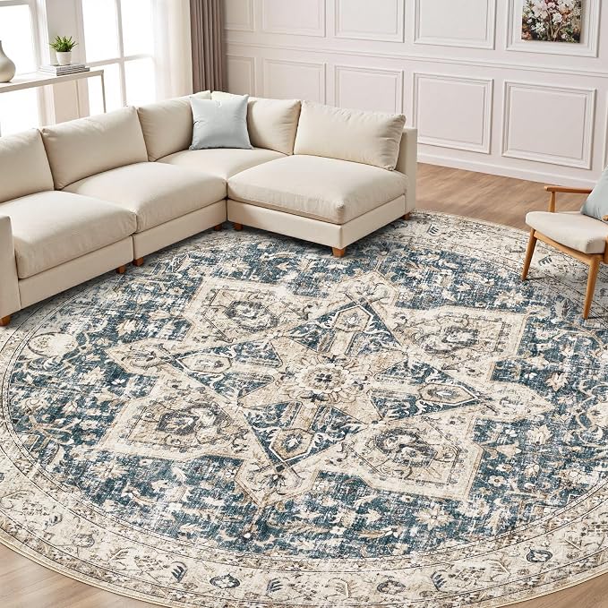 Tortania 8' Round Area Rug Living Room Rugs - Washable Boho Rug Vintage Oriental Distressed Farmhouse Large Thin Indoor Carpet for Bedroom Under Dining Table Home Office - Cream/Blue