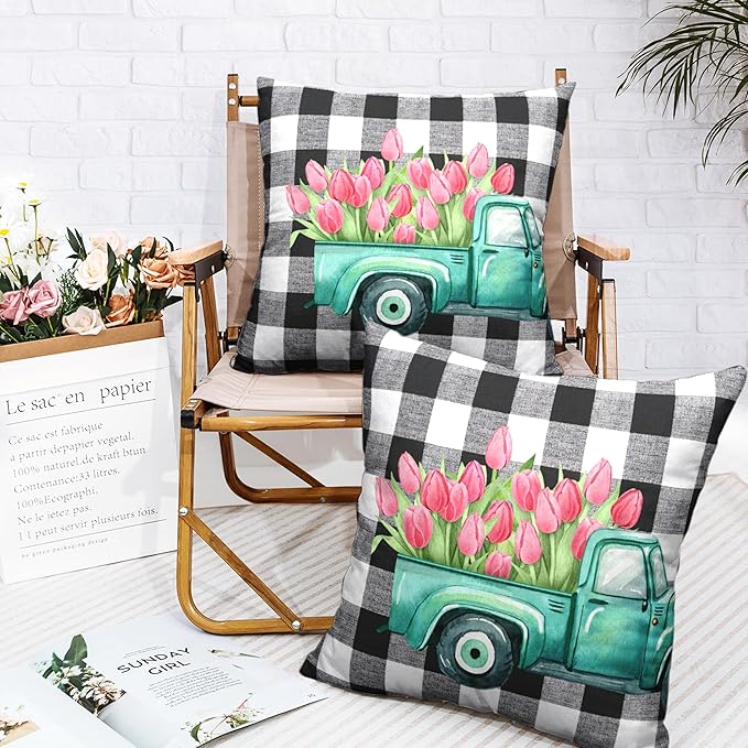 Spring Tulip Pillow Covers 18x18 Set of 2 Vintage Truck with Pink Tulip Floral Throw Pillow Covers Black and White Buffalo Plaid Cushion Case for Farmhouse Living Room Sofa