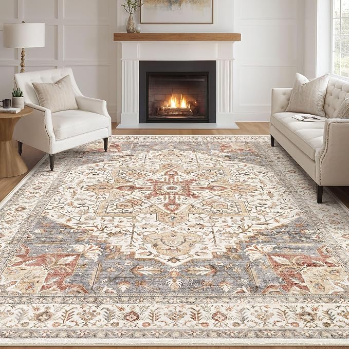 Tortania Area Rug Living Room Rugs - 12x15 Washable Boho Rug Vintage Oriental Distressed Farmhouse Large Thin Indoor Carpet for Living Room Bedroom Under Dining Table Home Office - Orange Multi