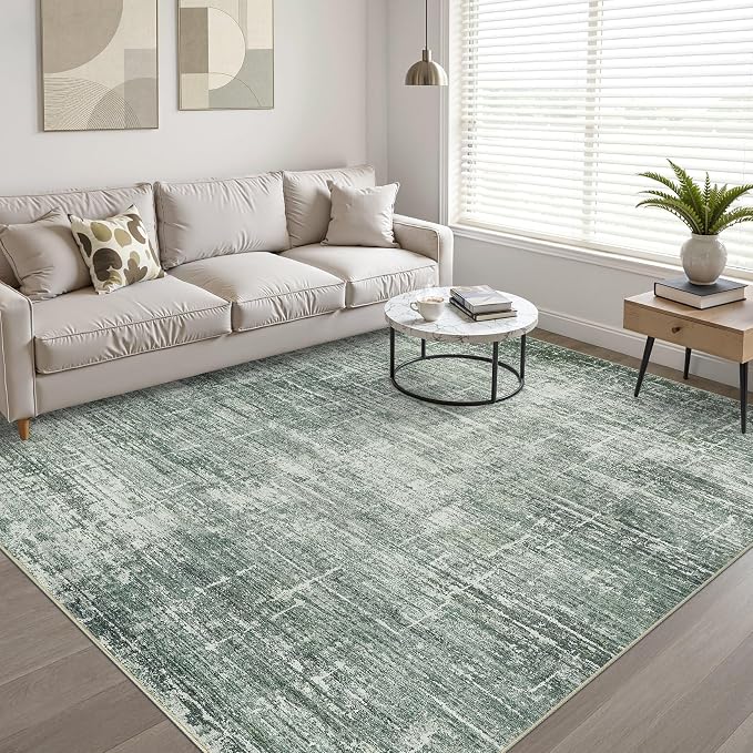 8x10 Area Rugs Living Room: Washable Large Neutral Rug Abstract Soft Modern Stain Resistant Indoor Floor Non-Slip Carpet for Bedroom Nursery Kids Office Playroom Dining Room Under Table- Dark Green