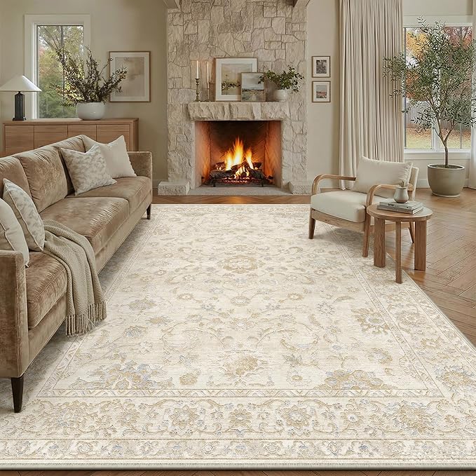 9x12 Beige Washable Area Rug for Living Room Bedroom Neutral Soft Floral Non Slip Large Throw Rug Lightweight Vintage Low Pile Distressed Carpet Office Playroom Dining Room Home Decor