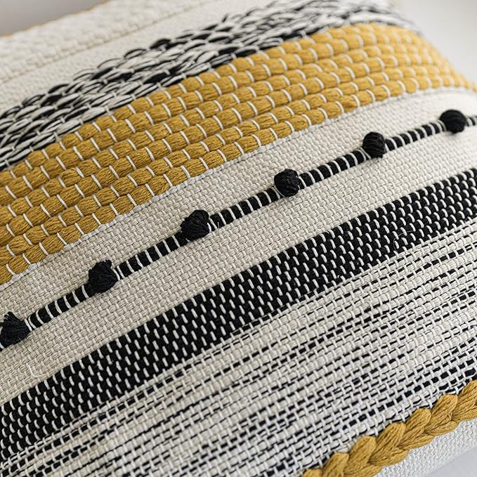 BlissBlush Boho Decorative Throw Pillow Cover 22x22 Square Yellow Mustard Accent Pillowcase Tassels Farmhouse Cushion for Couch Sofa Bedroom Living Room Home Décor Cover ONLY (Pack of 1)