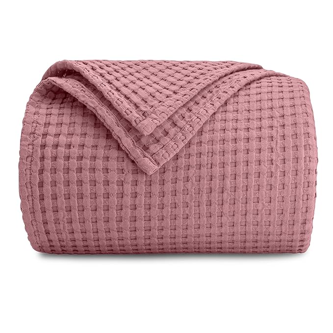 Comfy Cubs Waffle Blanket Queen, 90" x 90" - 100% Cotton Lightweight Breathable Bed Blanket - Soft Textured Thermal Weave for All Seasons – Decorative Cozy Layer for Couch, Sofa, or Bed - Mauve