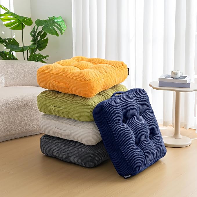 HIGOGOGO 6" Extra Thick Floor Pillow Cushion for Adults, Meditation Cushion Pillow, Large Square Floor Sitting, Tufted Corduroy Cover, for Tatami Living Room or Yoga, 22x22 Inch, 2Pack, Orange