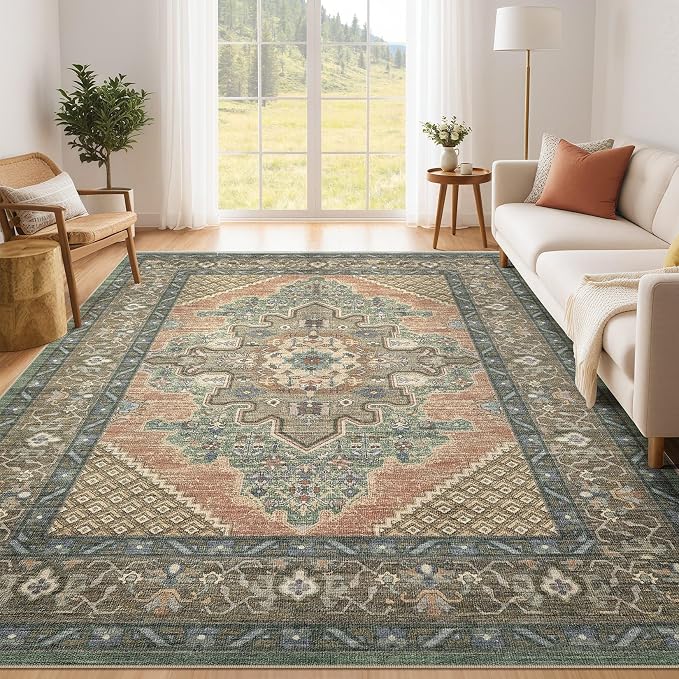 Tortania Area Rug Living Room Rugs - 5x7 Washable Boho Rug Vintage Oriental Distressed Farmhouse Large Thin Indoor Carpet for Living Room Bedroom Under Dining Table Home Office - Sage Terracotta