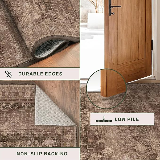 Hazo Haus Boho Taupe Brown Living Room Rug 8x10 - Modern Vintage Traditional Eclectic Oriental Neutral, Washable Low Pile Non-Slip Extra Large Area Rugs for Dining Under Table Bedroom Lounge