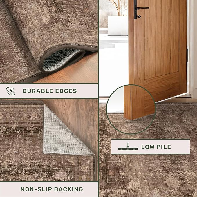 Brown Boho Washable Entry Rug, 3x4 Rugs for Entryway Kitchen Bathroom Door Mat Indoor Entrance, Non Slip Rubber Backing, Stain & Fade Resistant, Earthy Taupe Floral Design